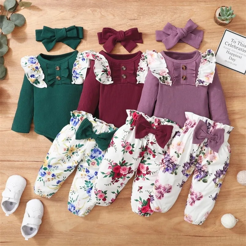 Kledingsets Baywell Autumn Born Baby Girl 3pcs/Set Clothing Set Ruffled Sleeve Romper Topfloral Print Pantsheadband Infant Deskleding 220916