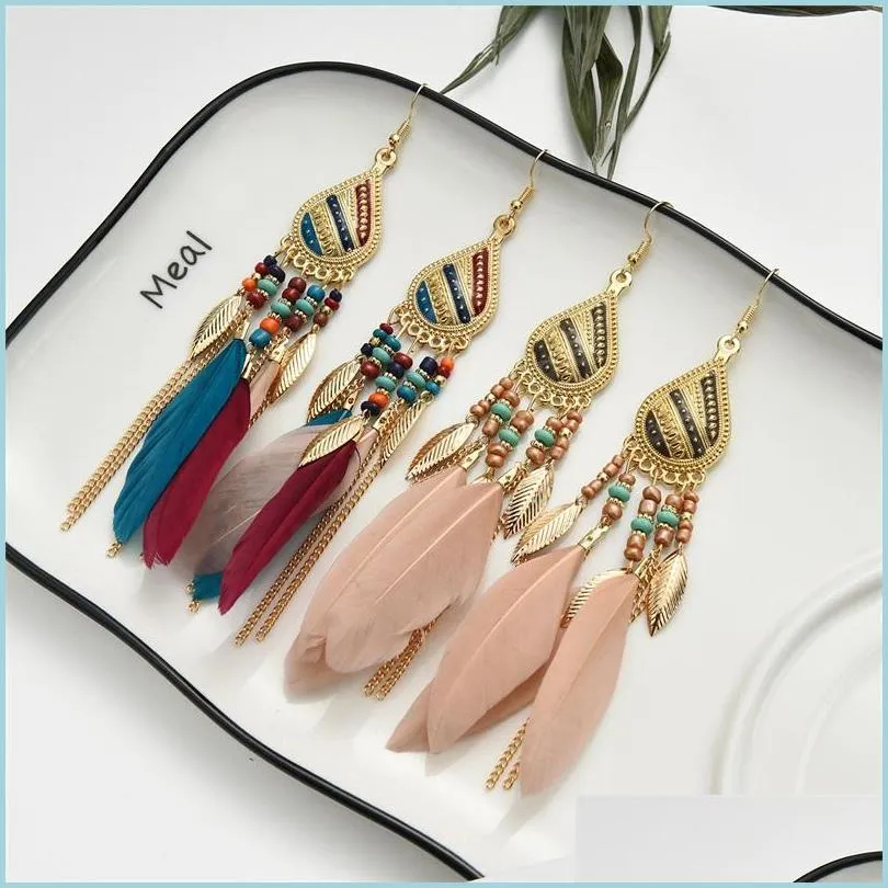 Dangle Chandelier Bohemia Feather Drop Dangle Earrings Exaggeration Retro Beads Tassels Alloy Eardrop Fashion Jewelry Womens Earring Dhe5F