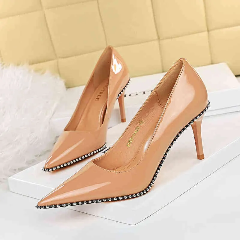 9611-a2 Sandals Fashion Sexy Women's Shoes Thin Heels High Patent Leather Shallow Mouth Pointed Metal Bead Rivet Single
