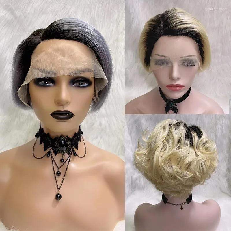 T-part Lace Front Wig Short Pixie Cut Bob Side Part Frontal Wigs Gray Blonde Brazilian Remy Straight Human Hair