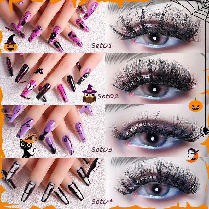 Halloween Fluffy False Eyelashes Press on Nails Set Curly Long Lashes Full Cover Coffin Nail Makeup Kits