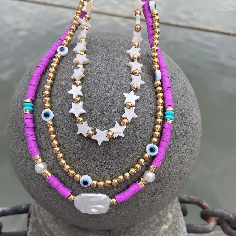 Hänghalsband dvacaman lila lera pärlor handgjorda halsband för kvinnor boho 3 st/set uttalande choker flerskiktsmycken tillbehör