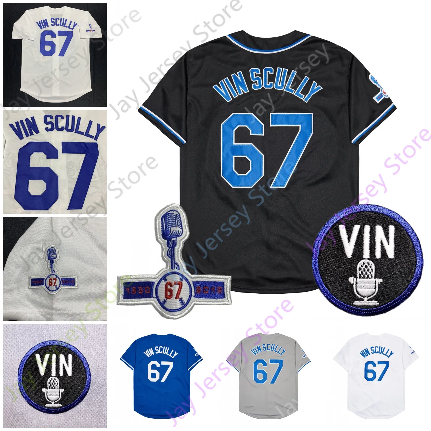 Vin Scully Jersey Voice 1950 2016 Parche 67 Blanco Azul Gris Negro Cool Base Home Way Bordado