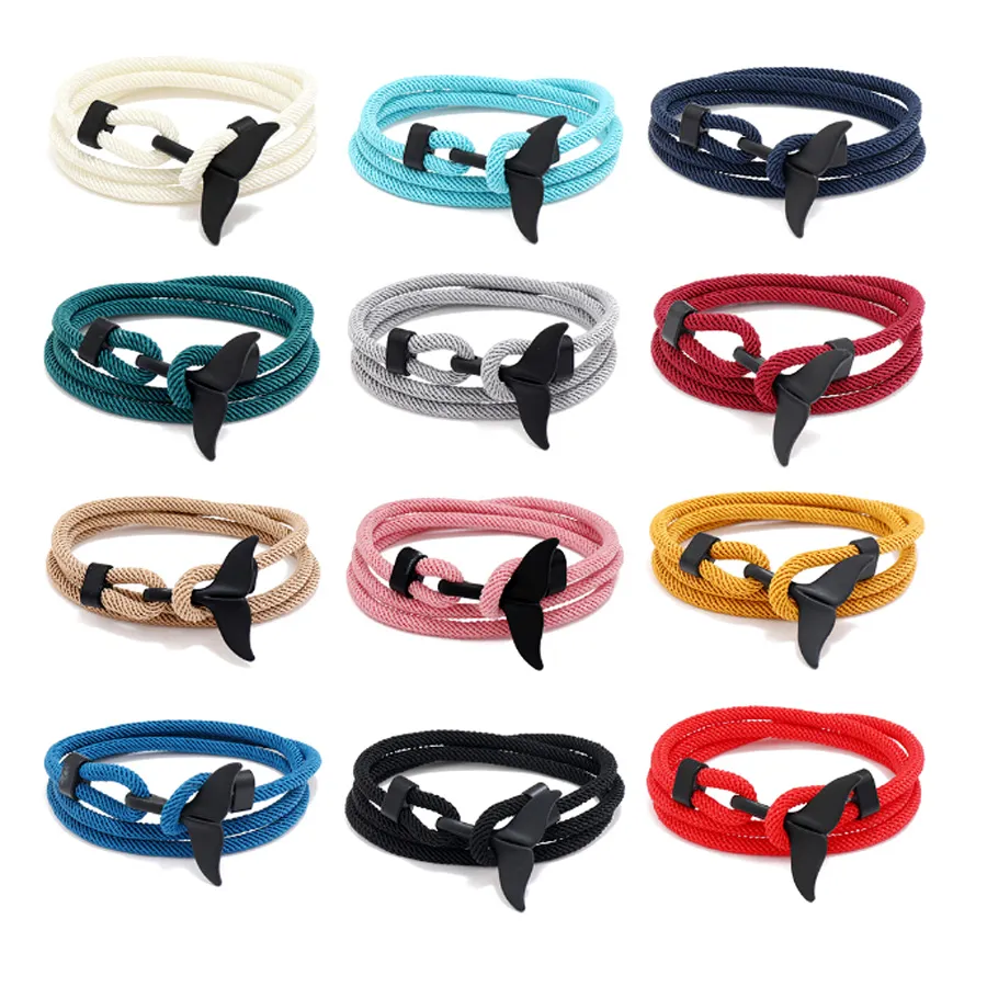 Bracelets simples de charme estilo âncora marinha pulseira de forma de cauda de baleia preta para homens mulheres multicamadas ropa corda jóias