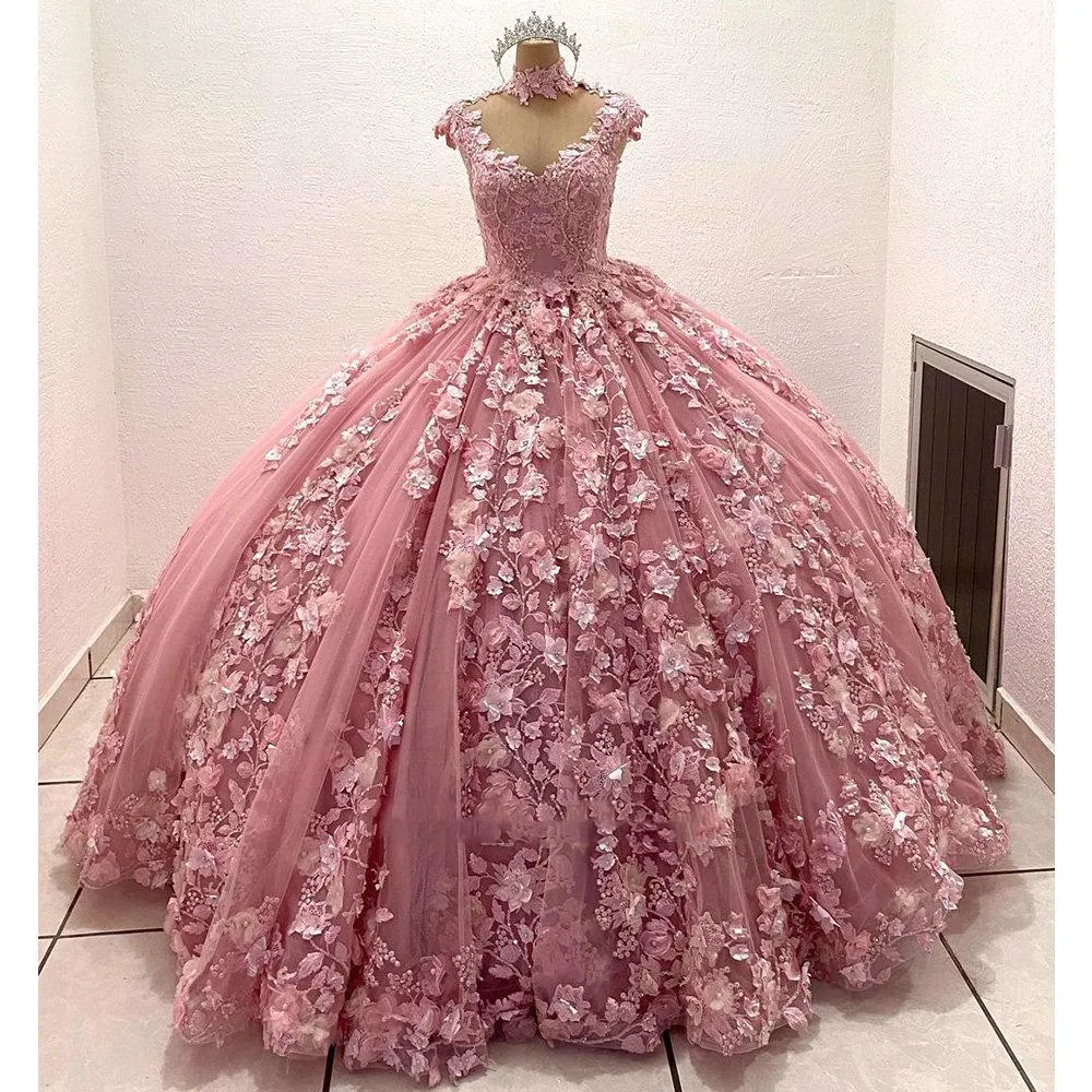 Roze jurken baljurk hoge nek dop mouwen illusie kanten appliques 3d bloemen bloemen zoet 16 Vestido de 15 anos quinceanera 403