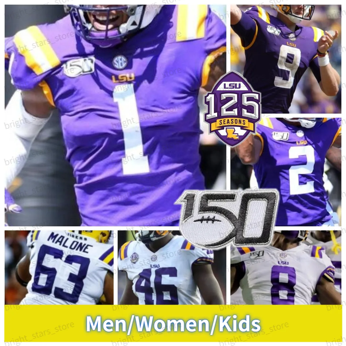 American College Football Wear Custom Burrow Football Jersey Odell Beckham Jr. LSU Tigers Justin Jefferson Chase Delpit Fournette Peterson Mathieu Purple 150TH NC