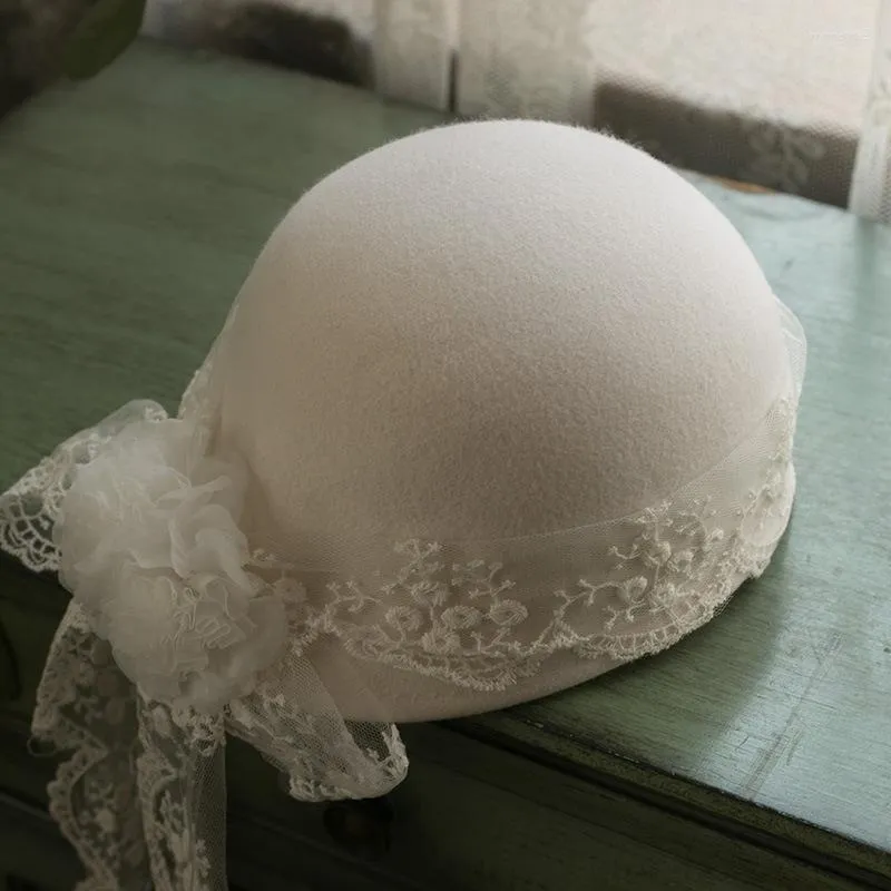 Berets 202212-Anran-353 Wedding druhna narzeczona wełna elegancka koronkowa wstążka kwiatowa celebrytka lady beret czapka kobiet