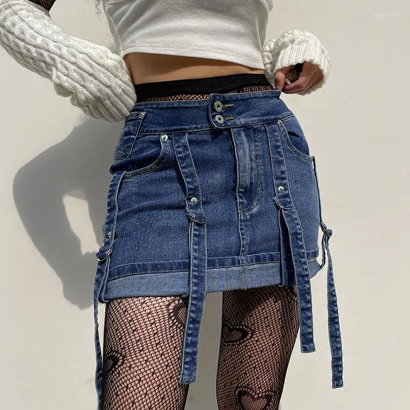 Skirts Y2K Denim Solid Color High Waist Belt Design A-Line Mini Streetwear Women Spring Summer Casual