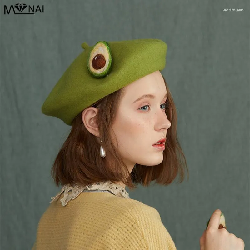 Berets dames hoed handgemaakte wol vilt warme baret winter headwar creatief cadeau vintage avocado groene schoudertas