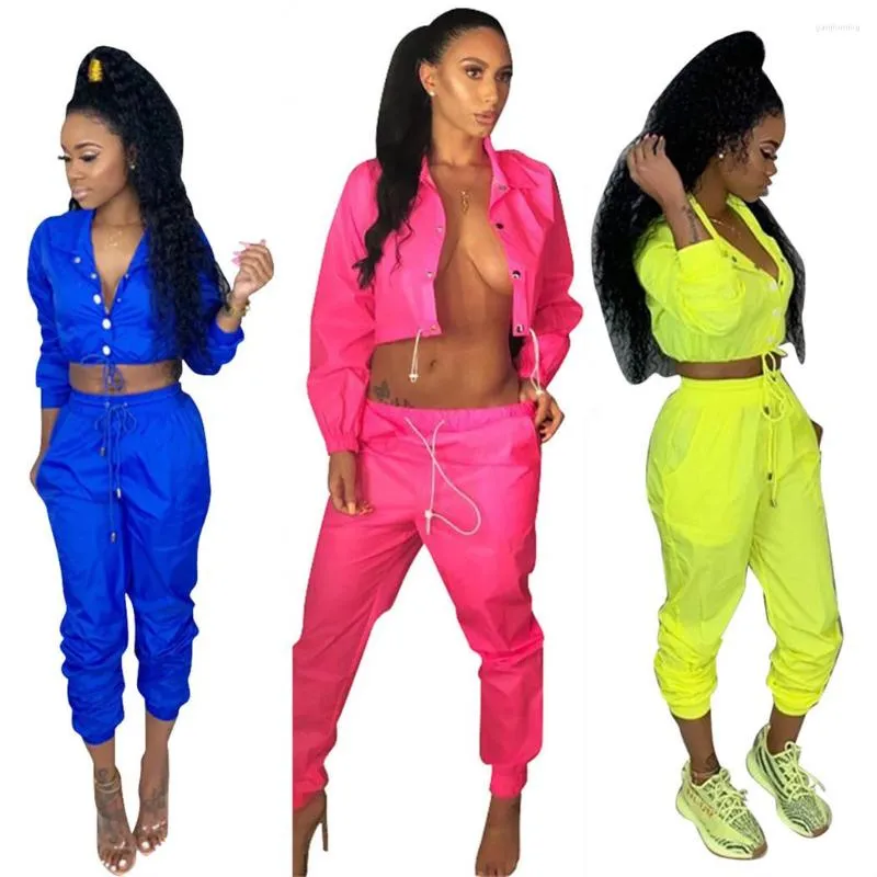 Women's Two Piece Pants 55LS6235 Autumn Winter Women Fashion Cool Neon Color Sports Set Top And Tracksuit Sweatsuit Outfits Joggers