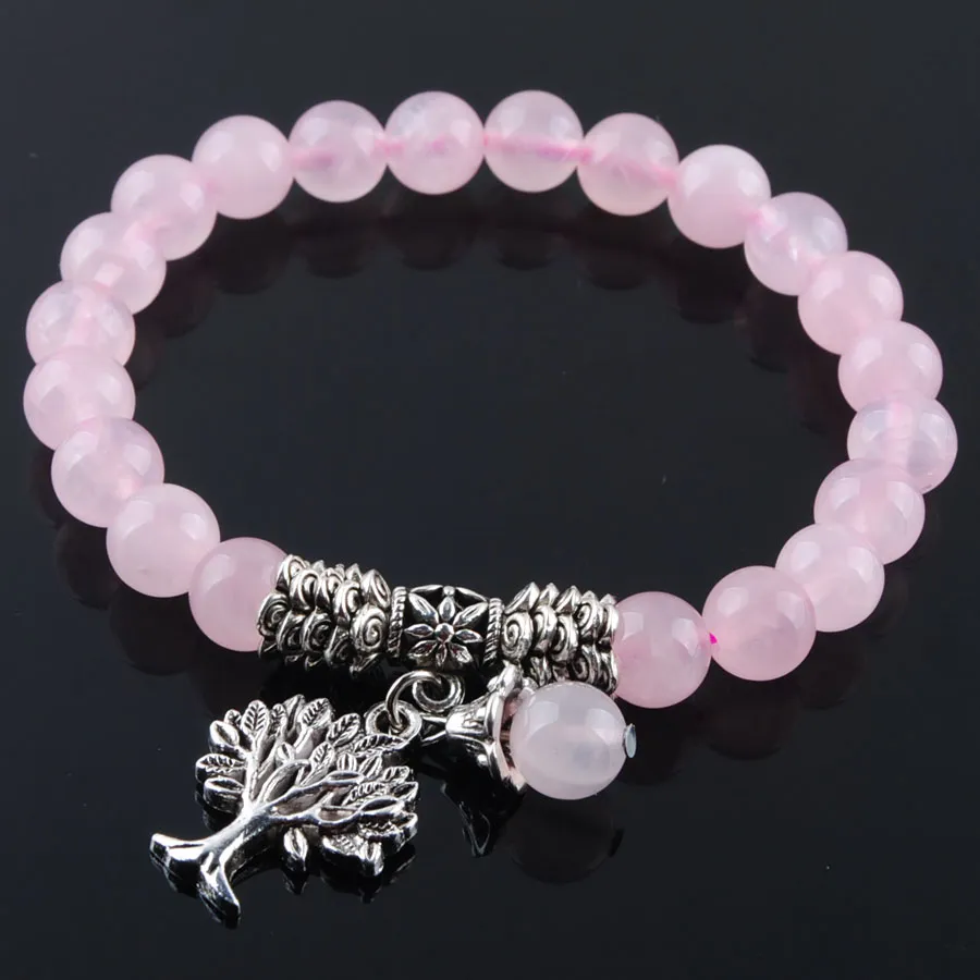 8mm Natural Rose Quartzs Strand Stone Armband Pink Crystal Beads Pärled Stretch Bangle Metal Tree of Life Charms smycken K3219