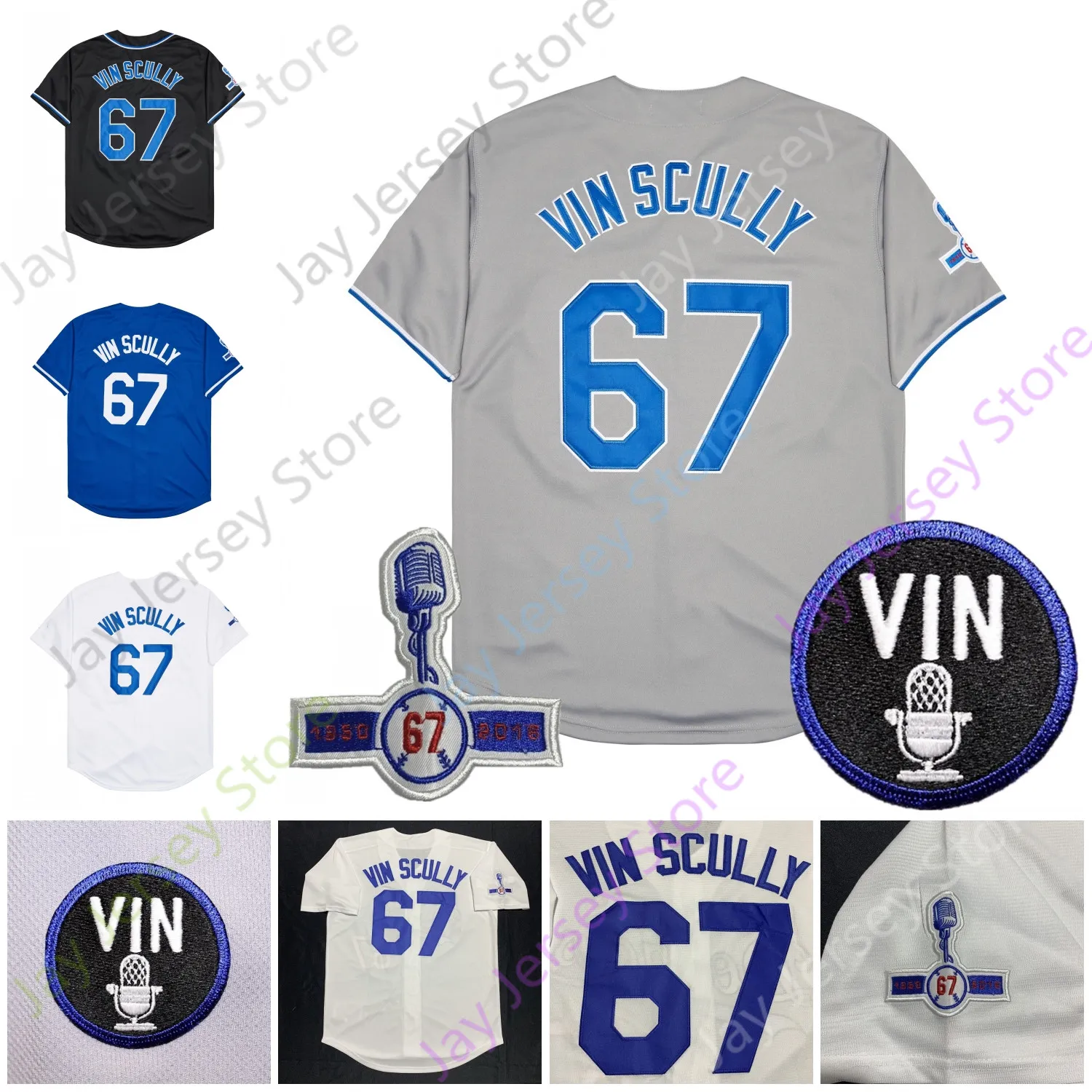 67 Vin Scully Jersey 1950 2016 Patch Branco Voz Tamanho S-3XL Azul Cinza Preto Botão Para Baixo