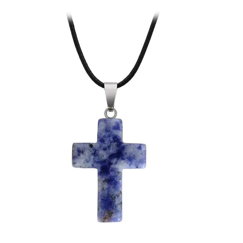 Natural Crystal Stone Cross Rope Chain Pendant Necklaces For Men Women Religion Charm Fashion Jewelry