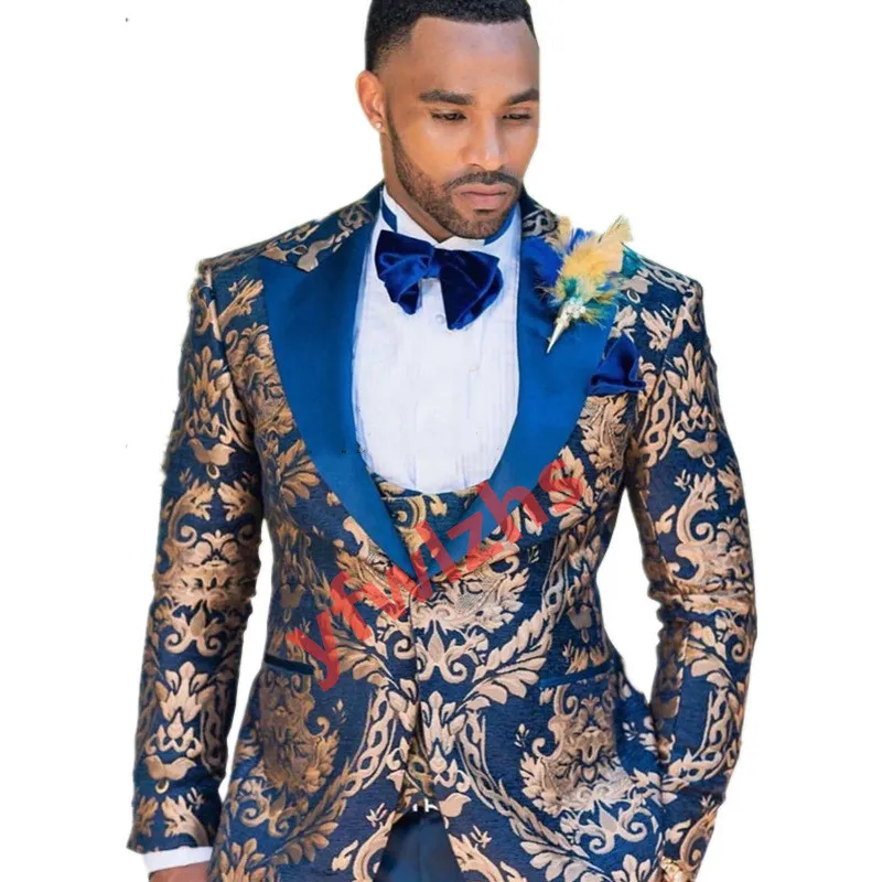 Özel yapım damat smokin altın çiçek erkekler takım elbise zirve yaka sağdıç düğün/balo/akşam yemeği adam blazer ceket pantolon kravat yelek m129