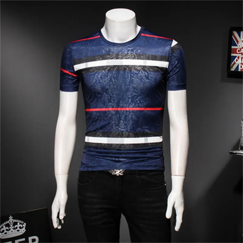 Summer 2022 men's tops plaid short-sleeved t-shirts ice silk printing trendy fashion youth handsome round neck casual bottoming shirts