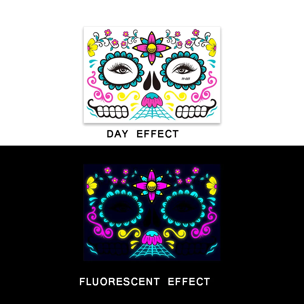 Fluorescent Halloween Face Tattoo Sticker Day of the Dead Funny Temporary Neon Face Sticker for Festival Masquerade Party Makeup