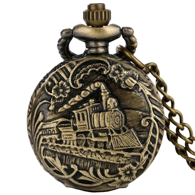 Steampunk Small Size Watches Locomotive Train Design unisex Quartz Analog Pocket Watch with Sweater Chain Clock