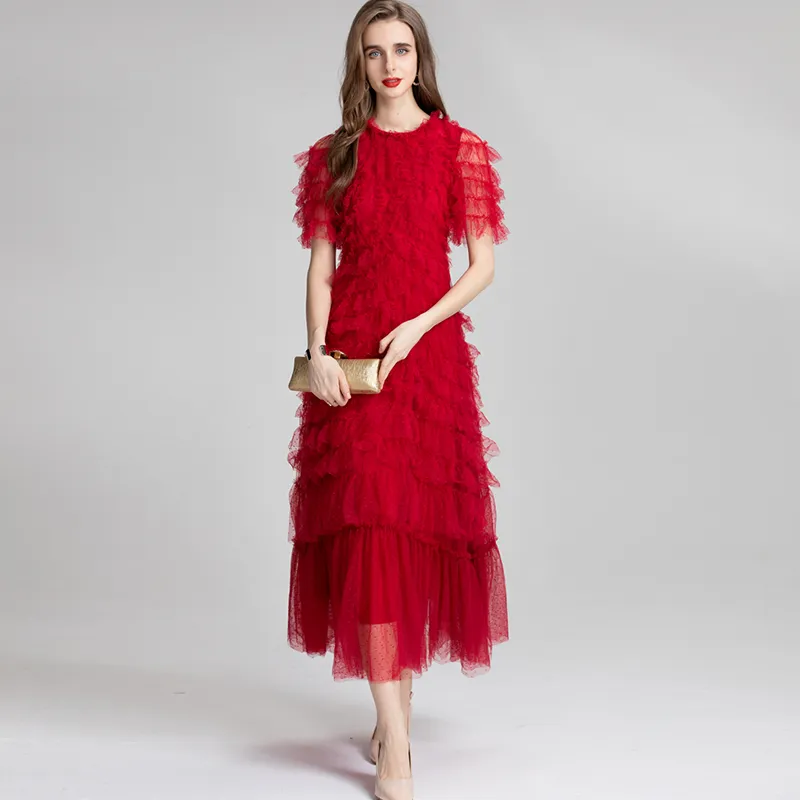Women s Tulle Party Dress Crew Neck Short Sleeves Tiered Ruffles  Ankle-Length Polyester from Dhgate Runway Dresses - price 82.3