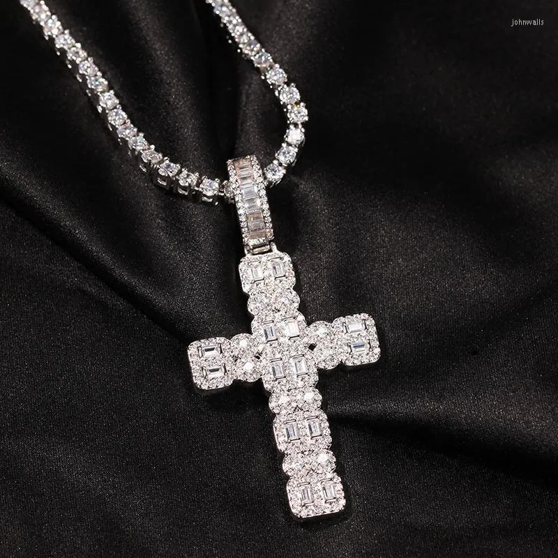 Pendant Necklaces Hip Hop Two Rows CZ Stone Paved Bling Iced Out Cross Pendants Necklace For Men Rapper Jewelry Drop