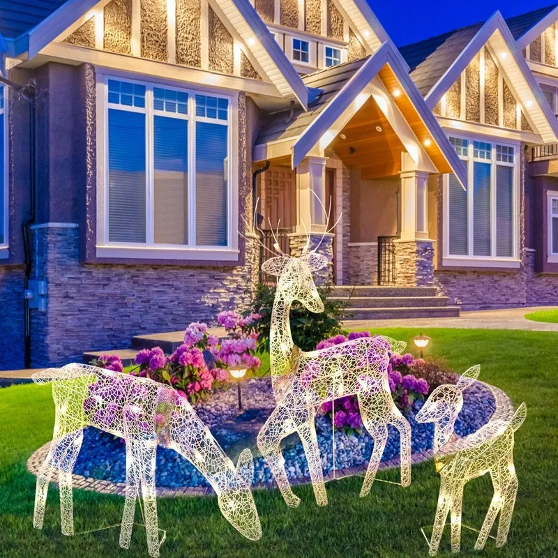 Christmas Decorations Set Of 3 White Glittered Doe Fawn Lighted Christmas Outdoor Decoration Outdoor Christmas Winter Decoration For Front Yards 220916