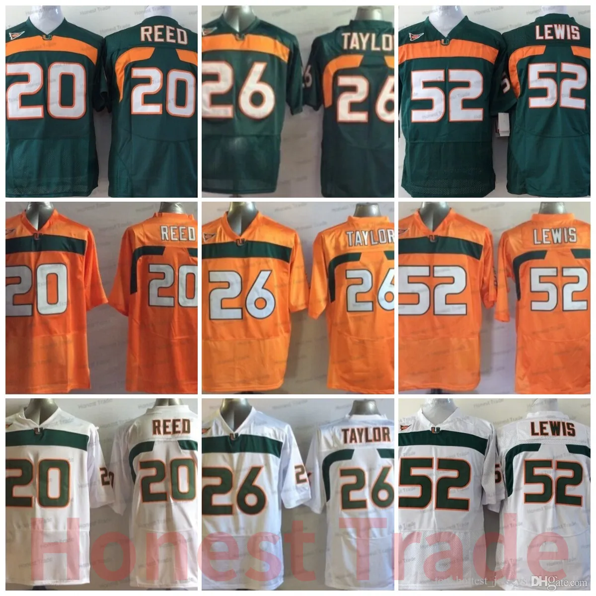 Mens Miami Hurricanes 26 Sean Taylor College Football Jersey 52 Ray Lewis 20 Ed Reed Verde Branco Laranja Vintage Jerseys Mens