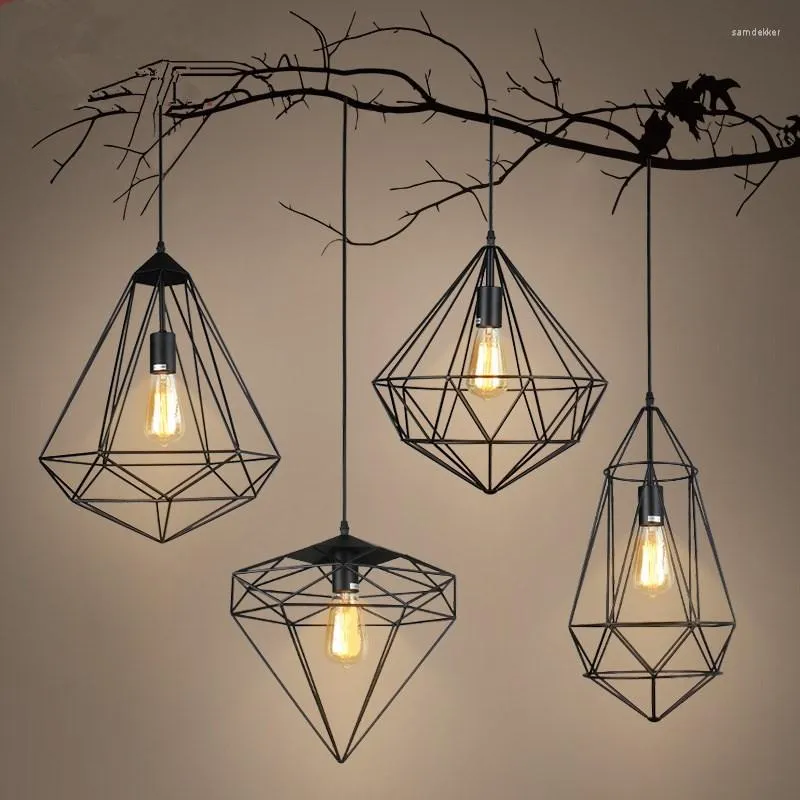 Lampes suspendues American Vintage Iron Bird Cage Diamond Personnalité Creative Design Bar Salon Internet Café Lumière