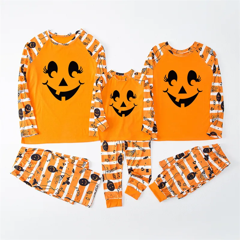 Halloween Home Clothing Pumpkin Family Matching Pajamas Mom Dad Kids Stripe Pumpkin Print Loungewear Sleepwear Set