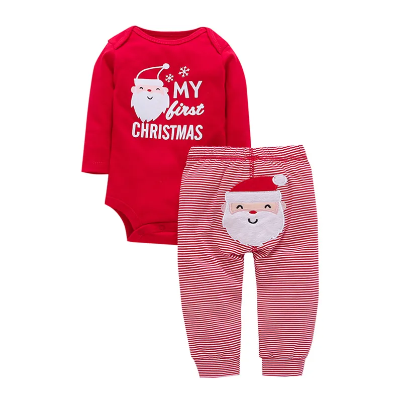 my first Christmas new born baby gift,2PCS Xmas suit,long sleeve rompers cartoon Santa+pants,infant baby boy girl clothing set