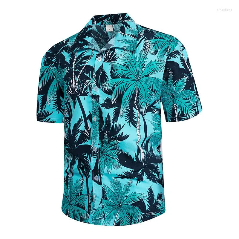 M￤ns casual skjortor sommar mode mens hawaiian kort ￤rm knapp kokosn￶t tr￤d tryck strand aloha m￤n skjorta plus storlek 25 stil 5xl