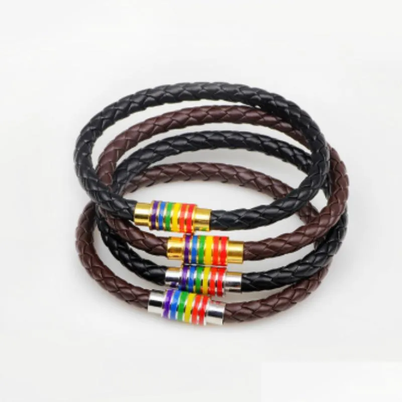 Bracelets de charme preto marrom marrom genuíno genuíno pulseira de couro homem homem homem aço inoxidável orgulho gay arco -íris encantos magnéticos dhseller2010 dhf84