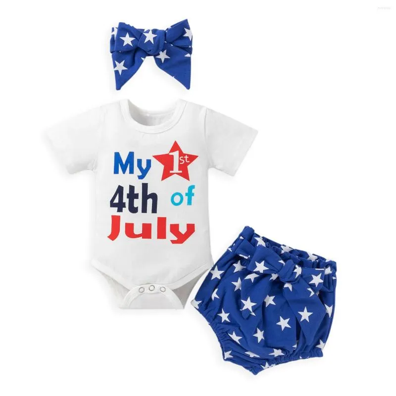 Set di abbigliamento My 1st 4 Of July Born Baby Boy Girl Body in cotone a maniche corte Tops Star Print Bloomers Shorts Fascia per capelli 3PCS Set di vestiti