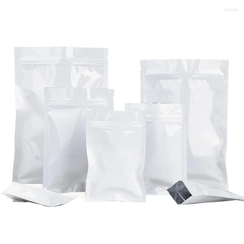 Storage Bags 100Pcs Glossy White Aluminum Foil Bag Self Grip Seal Tear Notch Resealable Chocolate Dry Fruit Nut Pouches