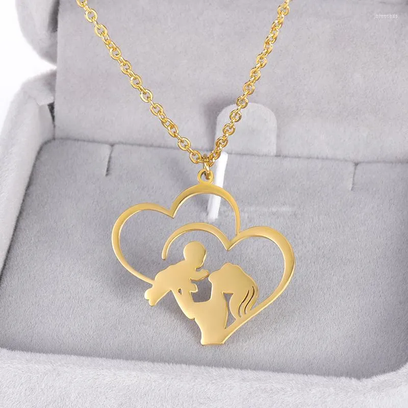 Pendentif Colliers Femme Bébé Maman En Acier Inoxydable Or Couleur Chaîne Collier Double Amour Coeur Mujer Fête Des Mères Cadeau De Noël