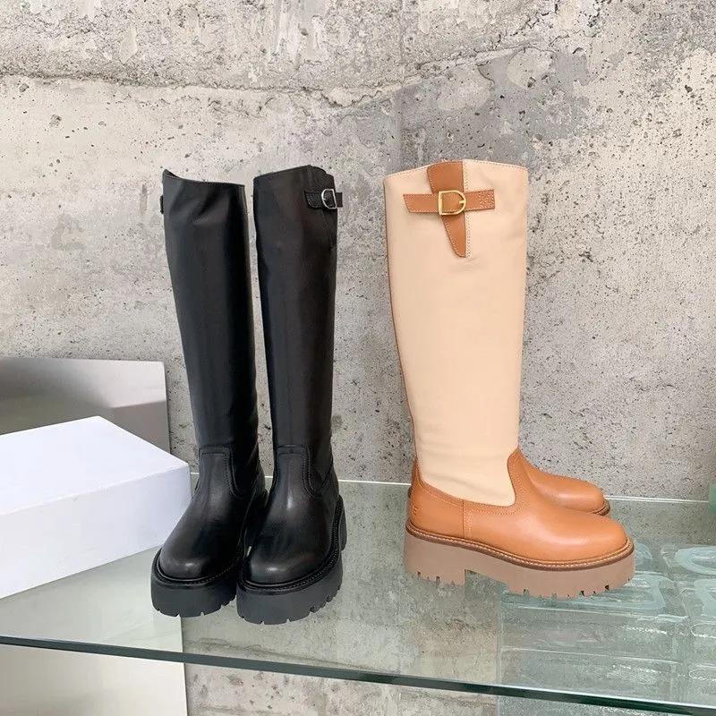 Lange harreled bootswomen Betty Boots Tall Real lederen laars Welly Shoes Knight Knee High Boots Simple Platform kniehoge mode Outdoor kneeboot topkwaliteit