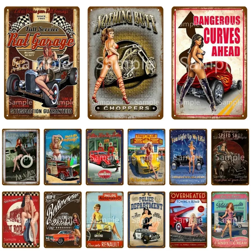 Vintage Sexy Dame Pin Up Girl Ijzer Schilderij Rat Garage Shabby Chic Poster Auto Sexy Meisjes Tin Borden Man Cave Pub Thuis Muur Decor