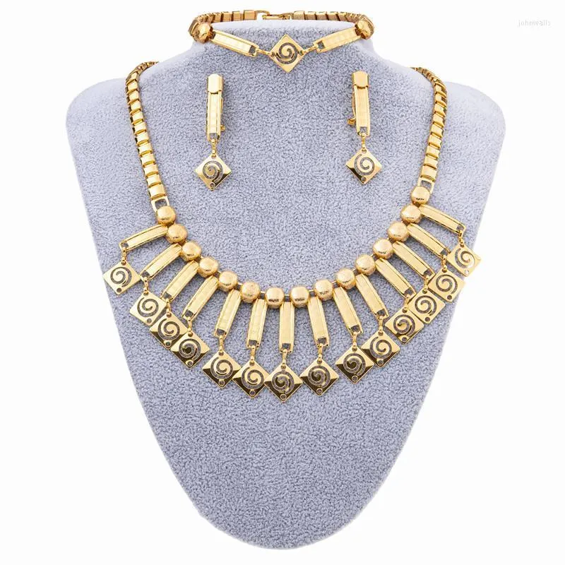 Necklace Earrings Set & Fashion Weeding Gold Plated Square Bracelet Earring Bridal Engagement Accessories Nigerian Brida SetsEa