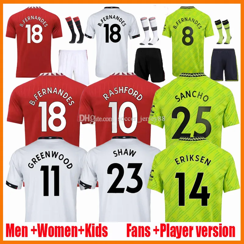 22 23 Sancho Soccer Jerseys Rashford Shaw Pogba 2022 2023 Fans Player Version Mans Martial Utd B. Fernandes Lingard Manchesters Football Shirt Men Kids Kit Uniforms