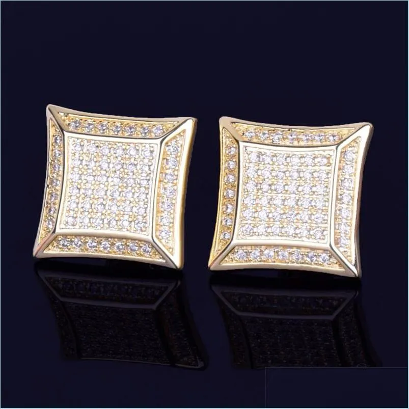 Stud 15mm Big Square Men Stud Earring Gold Color FL Cubic Zircon Skruv Back örhängen Hip Hop Jewelry for Women 524 Z2 DRO DHSeller2010 DH1LF