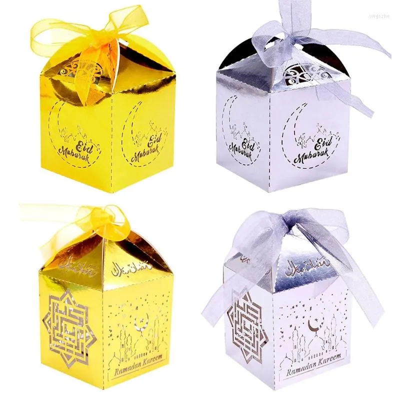 Geschenkomschakeling 100 stcs Moslim Ramadan Hollow Candy Box Eid Mubarak Gold Silver Paper Bag