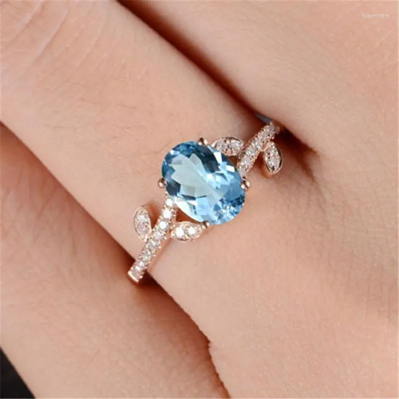 Anneaux de mariage de luxe cristal fleur branches bague charme Aqua bleu ovale zircon vintage or rose fiançailles pour femmes cadeaux