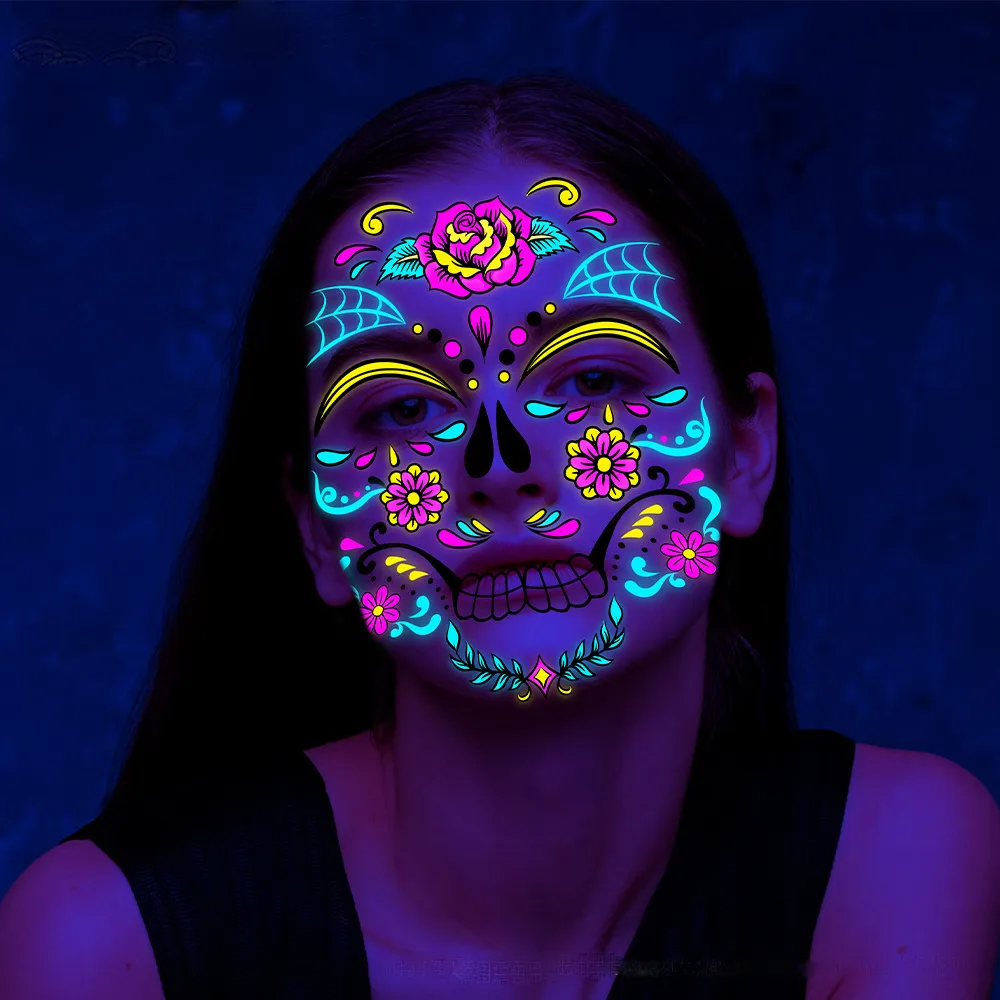 Fluorescent Halloween Face Tattoo Sticker Day of the Dead Funny Temporary Neon Face Sticker for Festival Masquerade Party Makeup