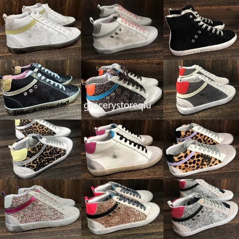 Lüks İtalya Marka Altın Sneaker Mid Star Kadın Ayakkabı Leopar Baskı Pembe-Gold Glitter Klasik Beyaz Yapmak Kirli Tasarımcı Yüksek Top Stil