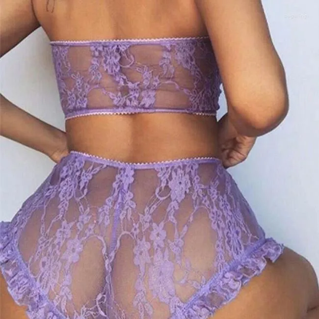 Women's Tracksuits BKLD Womens Two Piece Sets 2022 Summer Outfits For Women Lace See-through Strapless Mesh Crop Top Fishnet Shorts Clubwear