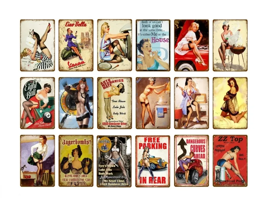 Vintage Sexig Lady Pin Up Girl Iron Målning Tennskyltar Metallplatta Konst Poster Vägg Klistermärke Bar Coffee House Cafe Home Decor Man Cave Retro Plate Size 30x20cm