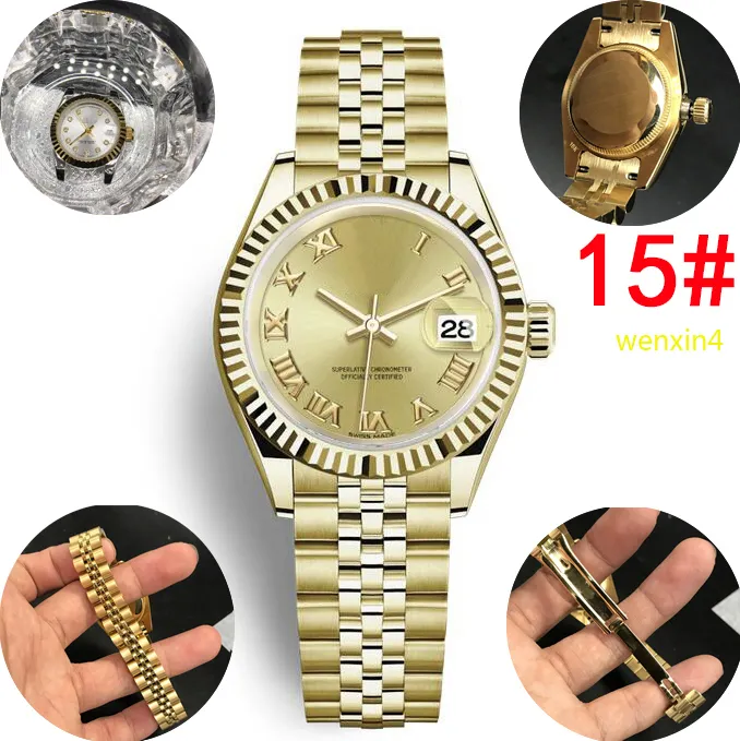 Klassisk damklocka Luxury Watch 26mm mekanisk automatisk rostfritt stål romersk digital klocka tandkant