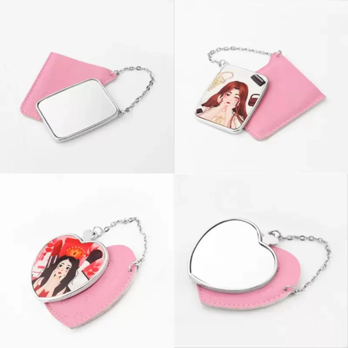 Party Favor Stock Miroir de Poche Personnalisé Faveur Saint Valentin Métal Miroir de Maquillage Vierge DIY Photo Porte-clés avec Étui en Cuir Mignon Rond Porte-clés Xu