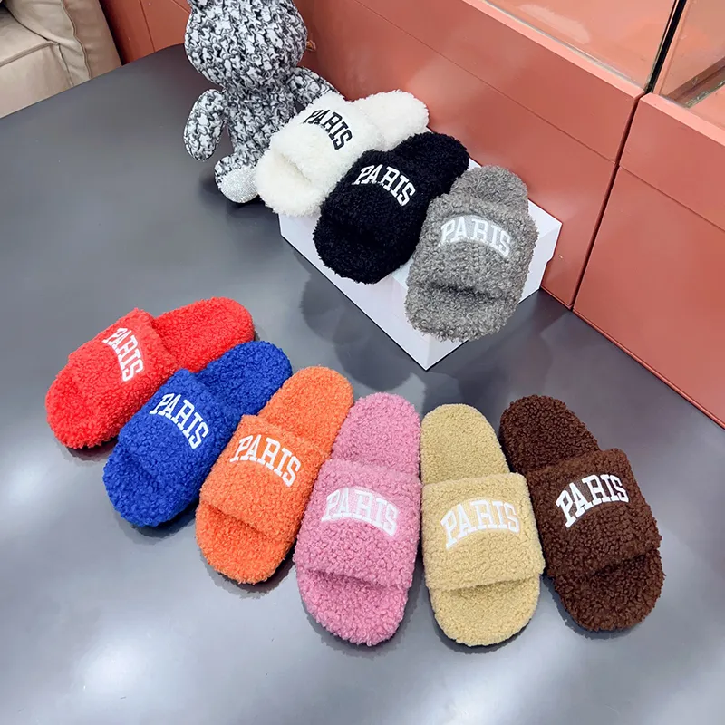 Embroidery Letter Slippers Designer Winter lamb Wool Slipper Womens Fur Fluffy Comfortable Warm Outdoor Flat Bottom Casual Ladies Sandal 35-45