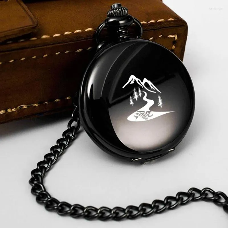 Pocket Watches MOUNTAIN STREAM FISH Engrave Text Gifts Clock Fob Chain Smooth Steel Watch Vintage Roman Nmber Dial Pendant