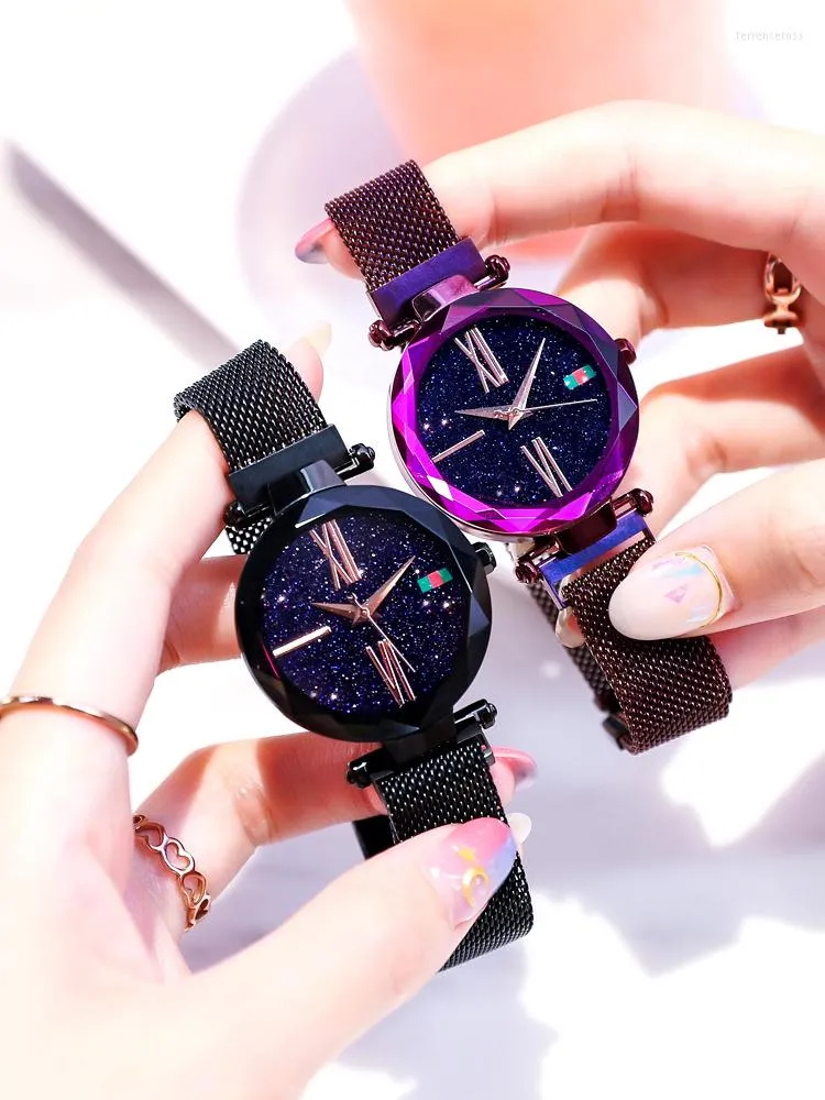 Wristwatches Fashion Luxury Women Watches Rose Gold Magnetic Starry Sky Clock Geometric Surface Casual Quartz Wristwatch Relogio