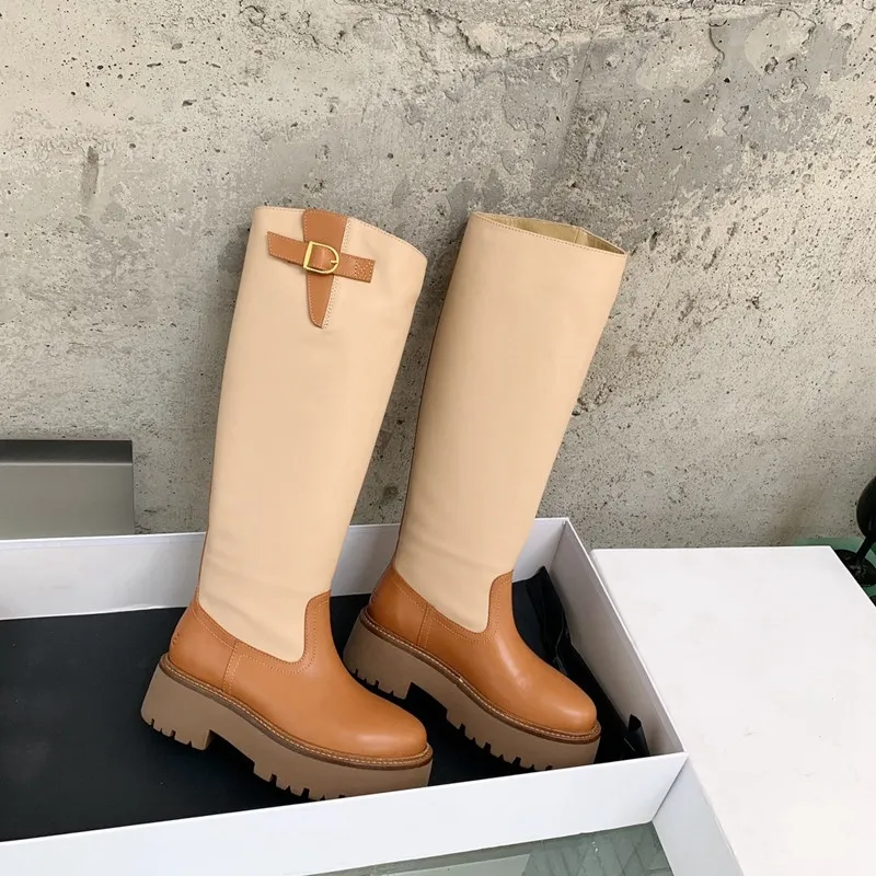 Kadınlar Betty Boots uzun boylu gerçek deri bot welly ayakkabıları şövalye diz yüksek botlar basit platform diz yüksek siyah bej moda açık kneeboot